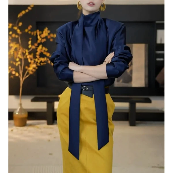 冬贵气感御姐套装名媛气质女神范高大方得体蓝色衬衫半身裙两件套