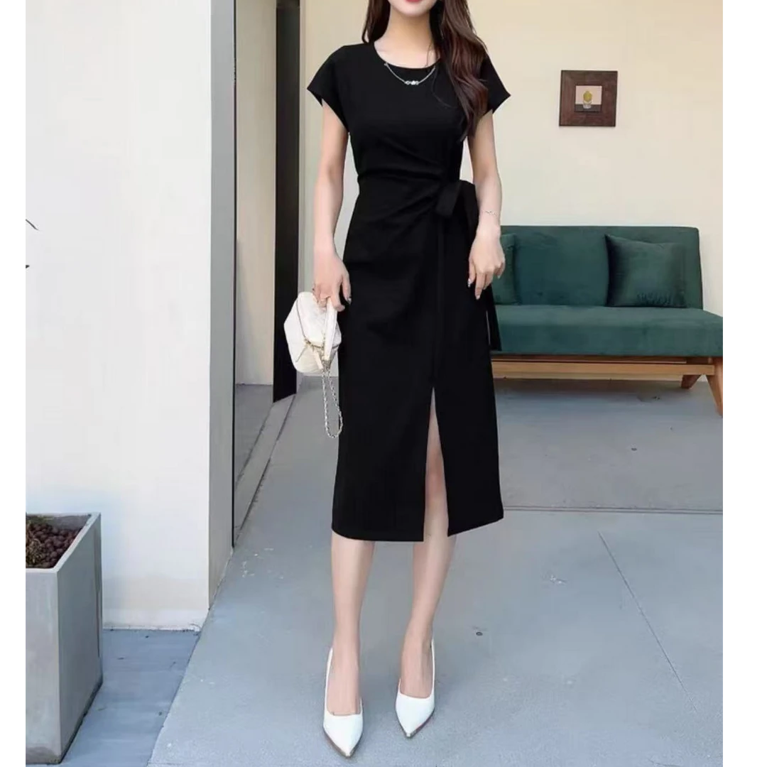 2025夏季新款纯色褶皱收腰连衣裙时尚百搭小众女裙子8813长106