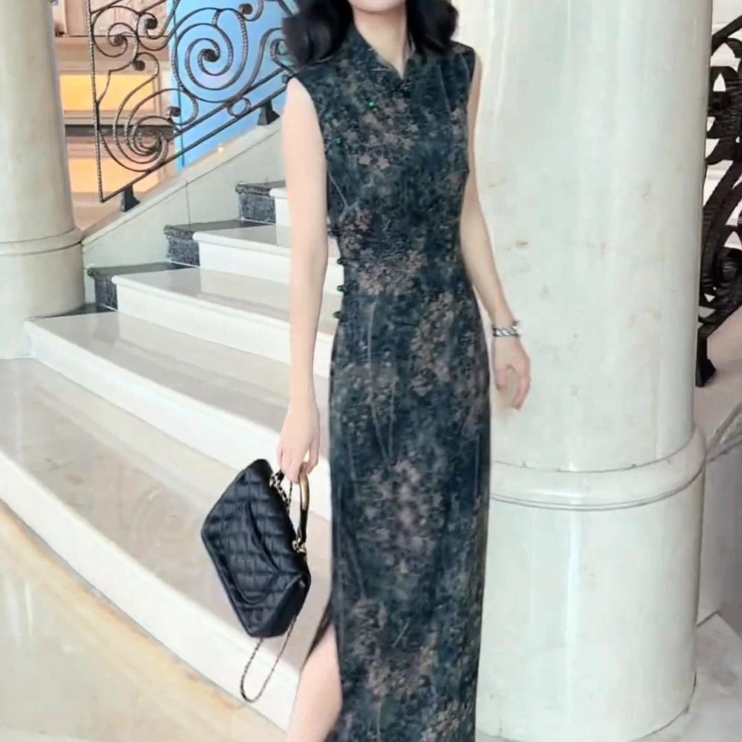 优雅开衩旗袍中长款碎花印花夏季修身连衣裙XLB42001