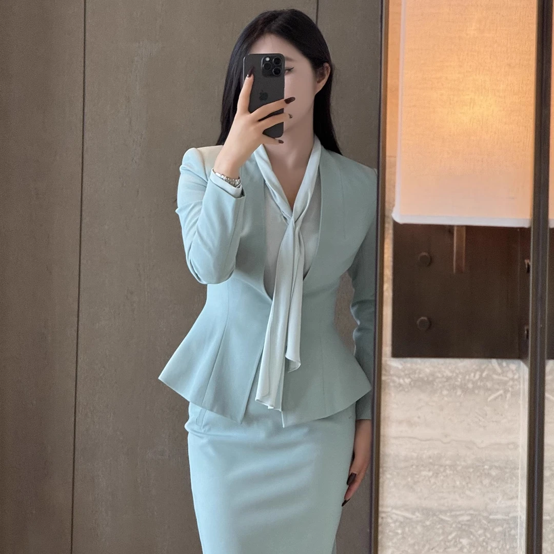 被唤醒的春天 清新恣意薄荷绿通勤系列西装外套半身裙两件套-1404