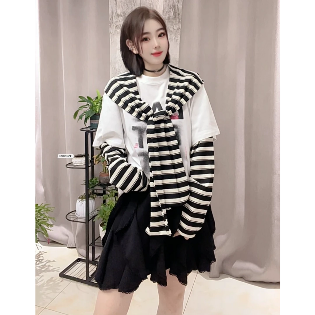 披肩条纹长袖T恤女欧货春装新款高级感小众宽松慵懒风两件套上衣