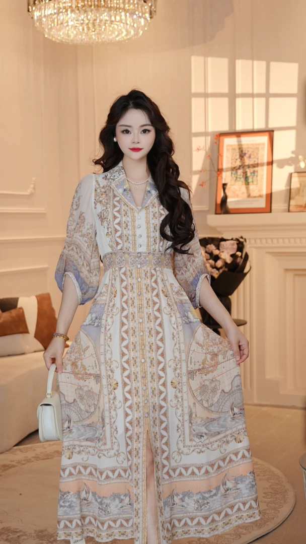 【白玉兰】25年新款温柔名媛风优雅气质收腰高端桑蚕丝连衣裙