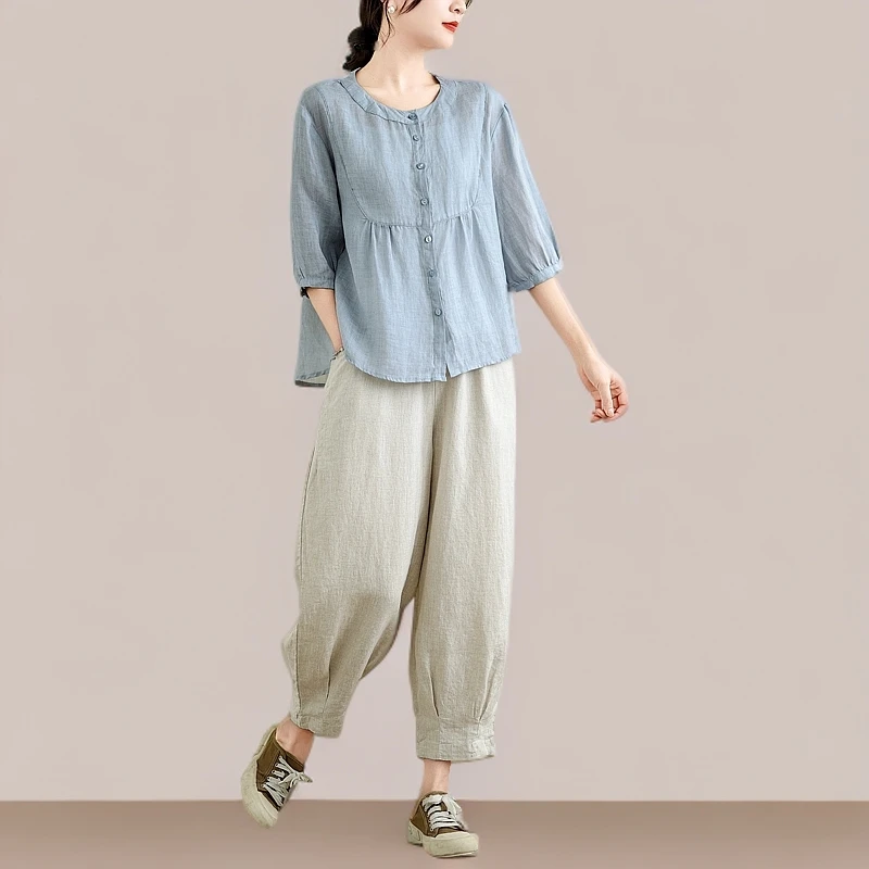 休闲洋气减龄套装女士2025年夏季中年妈妈宽松衬衫上衣遮肚两件套