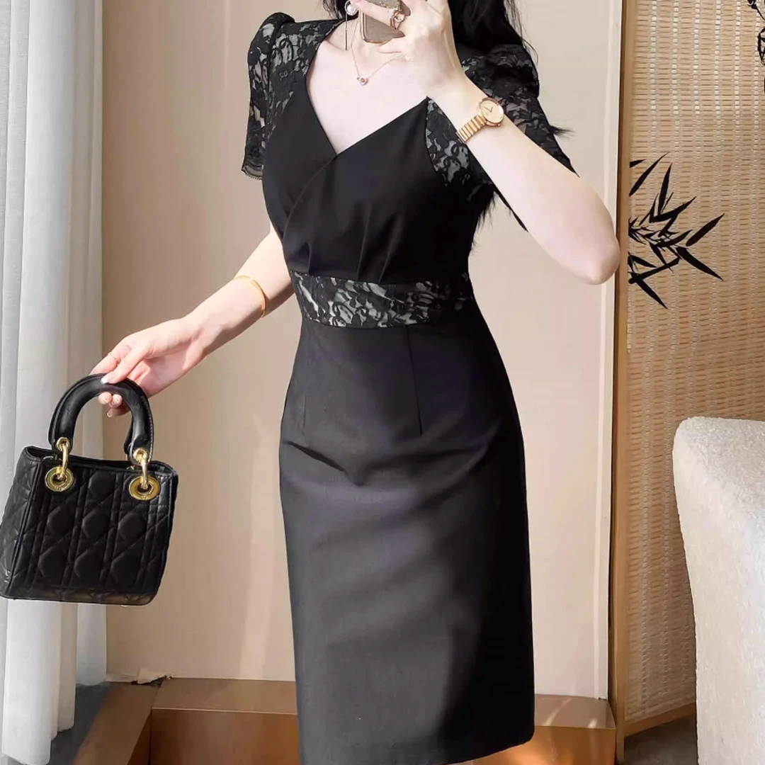 纳霍浦勒夏季新款时尚气质蕾丝拼接连衣裙显瘦高级设计感包臀裙