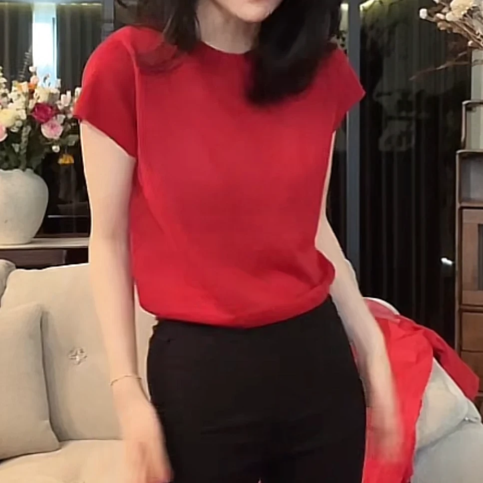 圆领百搭纯色正肩短袖针织衫女夏季2025新款休闲时尚修身白色上衣