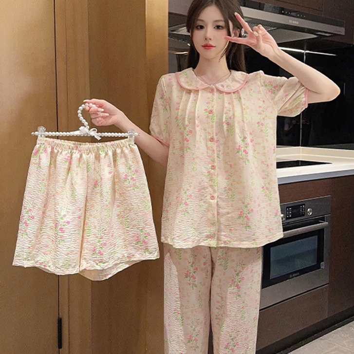睡衣女夏季短袖长裤三件套装甜美可爱娃娃领开衫家居服5047