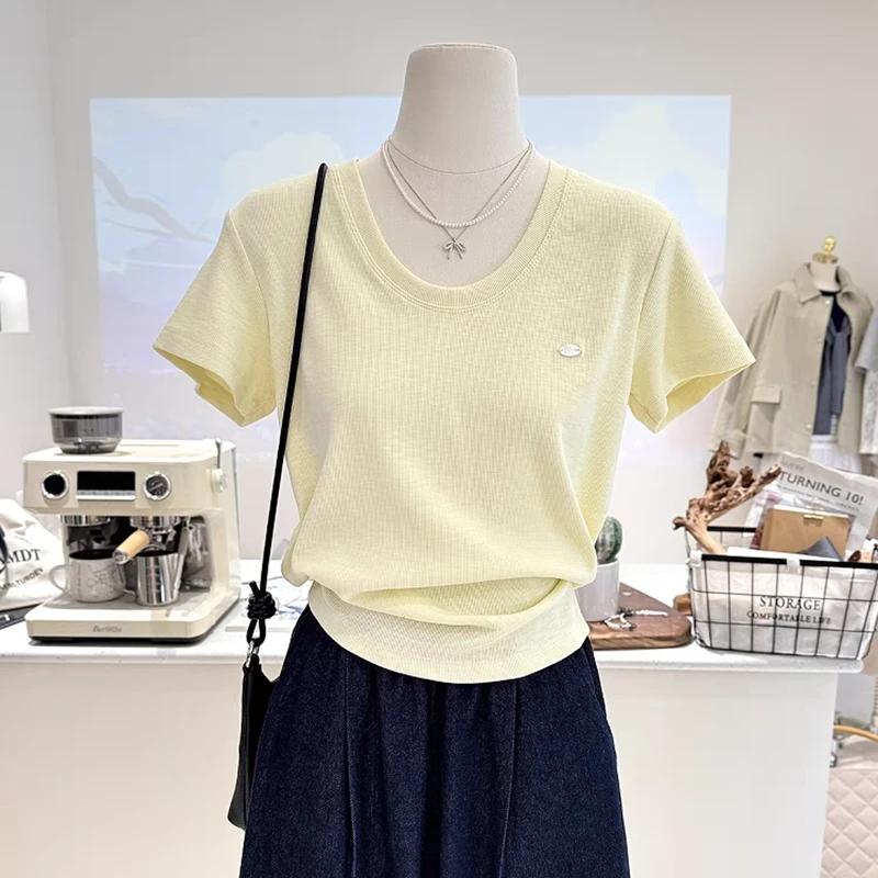 夏季新款韩系短款简约百搭纯色修身显瘦大领口短袖打底衫T恤女