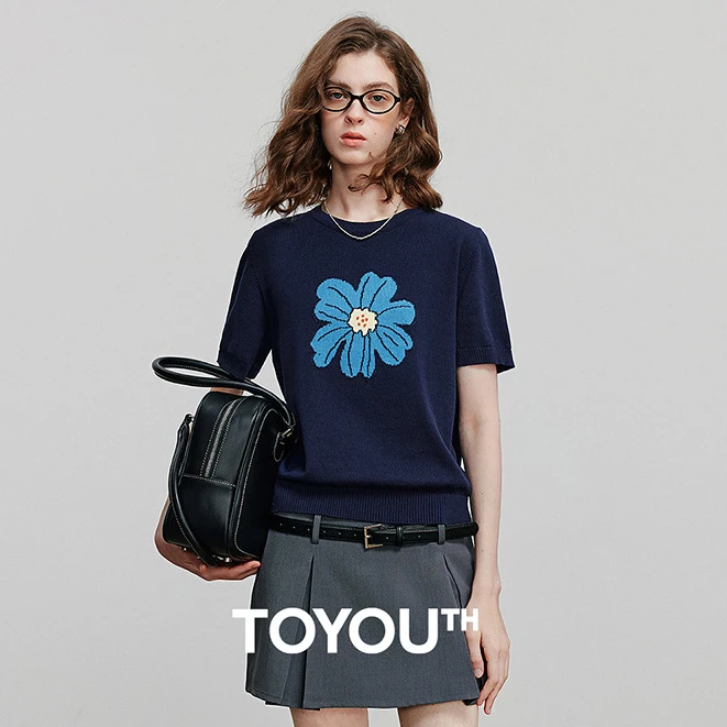 【欧若风穿搭】初语绿绒蒿提花针织衫女2025夏季植物系短袖小衫上衣