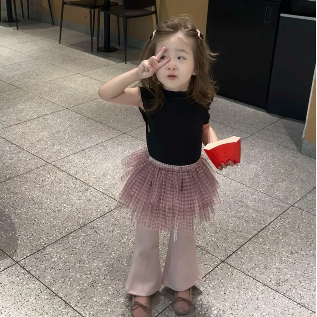 壹妈韩版童装2025夏季新款百搭黑色短袖网纱屁帘粉色喇叭裤三件套