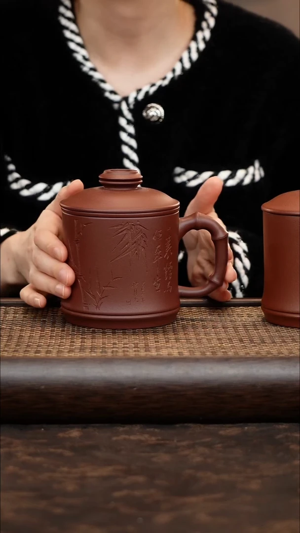 茶杯紫砂三件套底槽青竹节