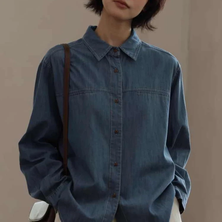 日系文艺复古牛仔衬衫女春秋百搭显瘦叠穿内搭设计感牛仔衬衣外套