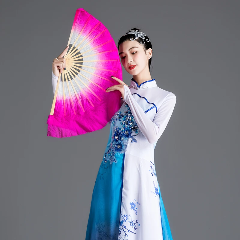 舞蹈扇加长成人仿真丝双面胶州秧歌扇演出大渐变舞表演扇跳舞扇子