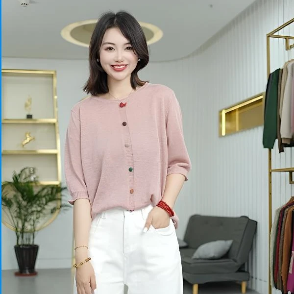 夏季网红彩虹多扣百搭时尚休闲宽松纯色长袖针织毛衫D30601