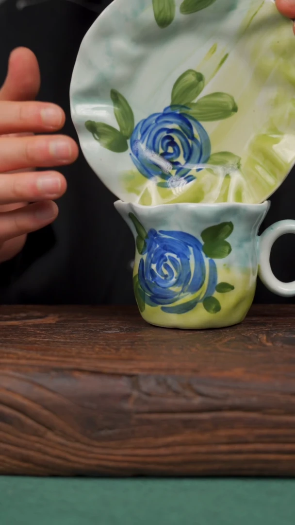 瓷片寻一缕瓷香杯釉下手工手绘瓷器 蓝玫瑰套装