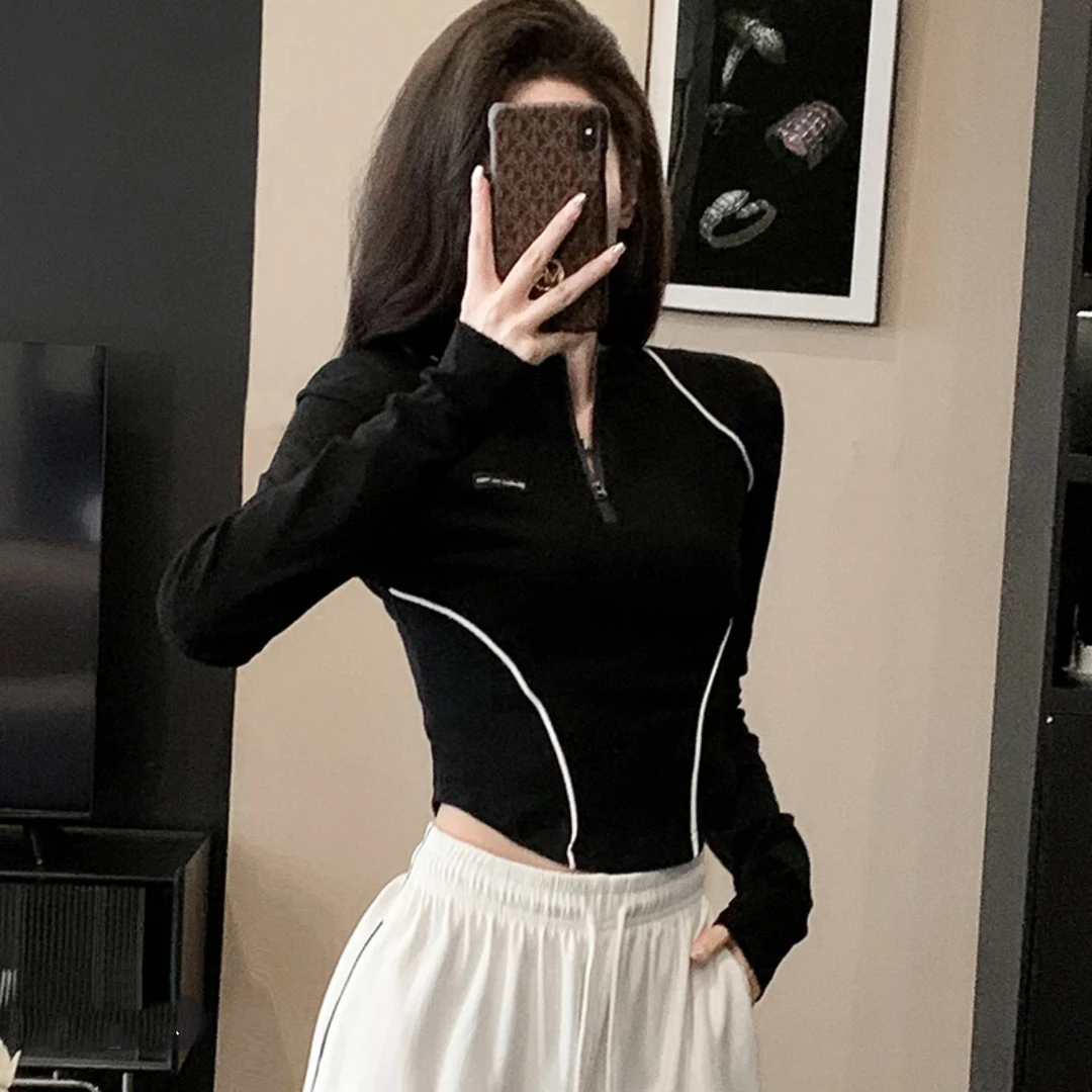 美式运动立领条纹外套女早秋辣妹短款显瘦上衣独特别致双拉链开衫