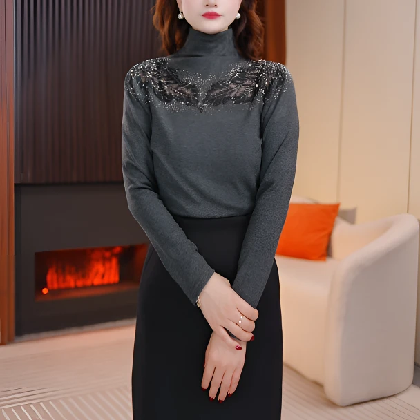 2024加绒新款设计感洋气烫钻打底衫遮肉显瘦气质长袖上衣7613