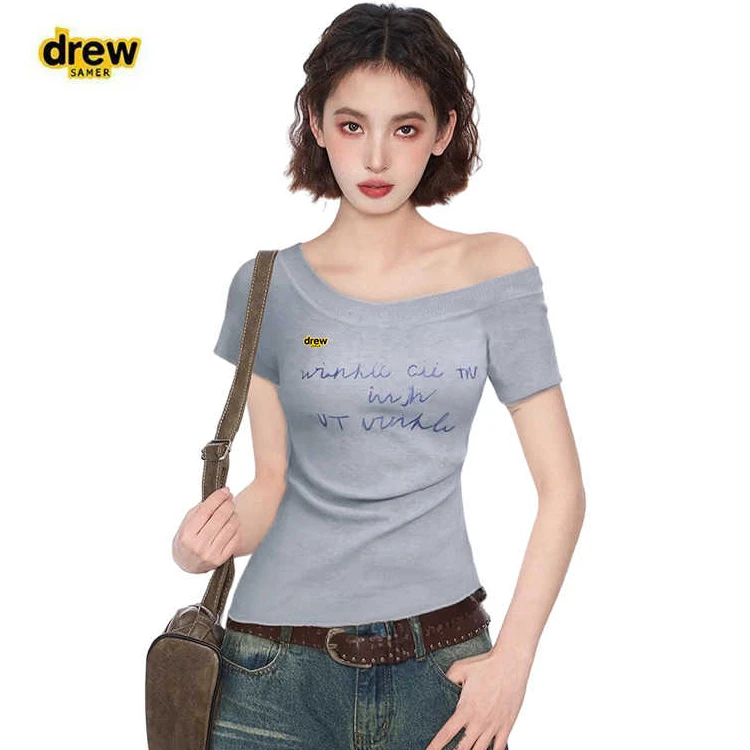 正品Drew Samer笑脸美式辣妹一字肩斜肩短袖t恤女夏修身短款上衣