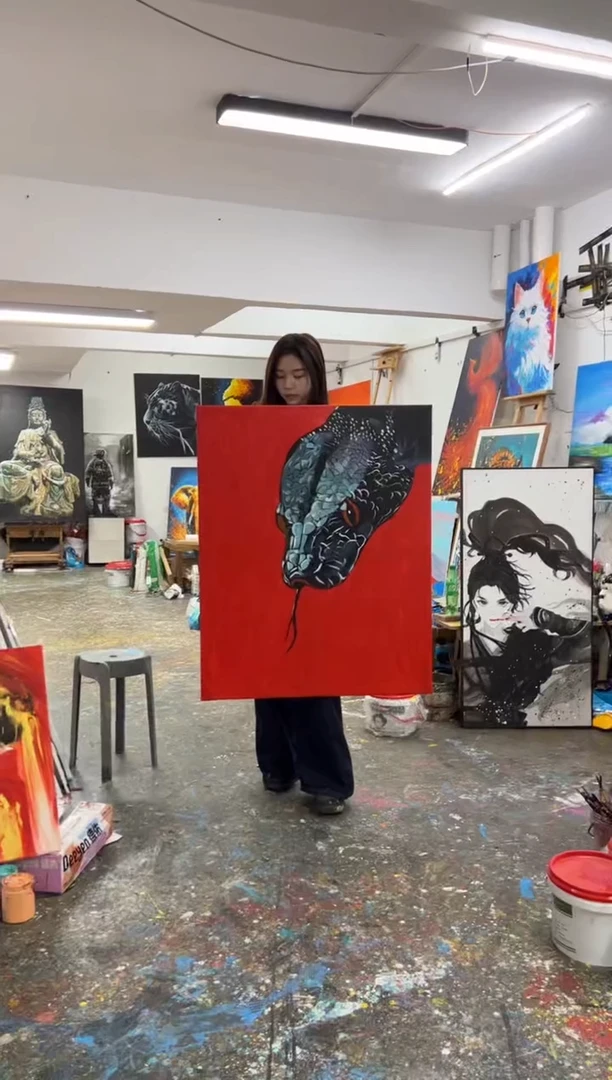 【闪购商品】丙烯画大树红底黑蛇加框
