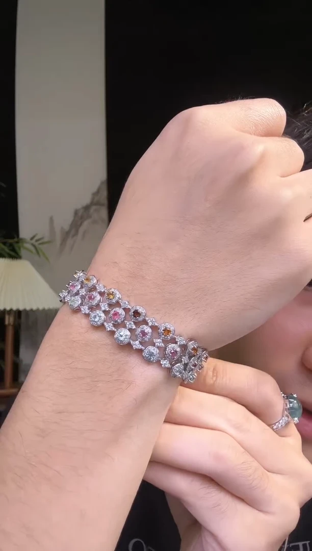 手链银S925镶嵌碧玺33 S925银镶碧玺三排手链 可调节OT扣