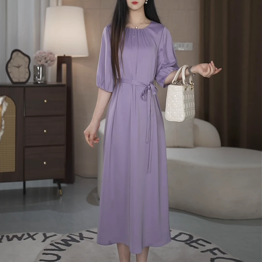 2025年新款显瘦气质收腰连衣裙中长款系带时尚百搭复古法式度假