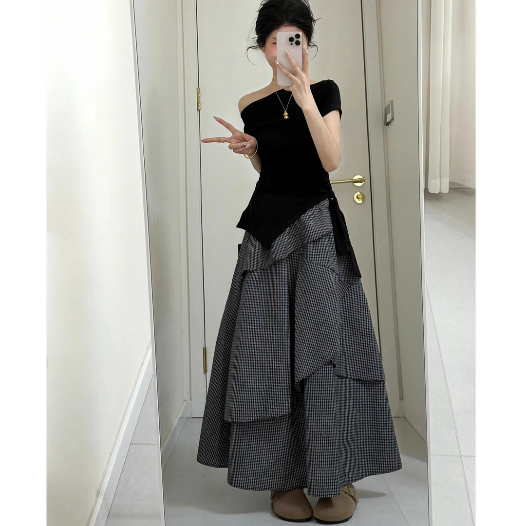 套装女夏季2025新款荷叶边圆领上衣格子不规则多层蛋糕裙两件套