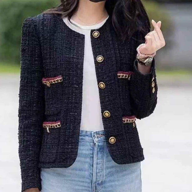 99新 Chanel/香奈儿 38码城堡系列皮穿链四口袋黑色长袖外套