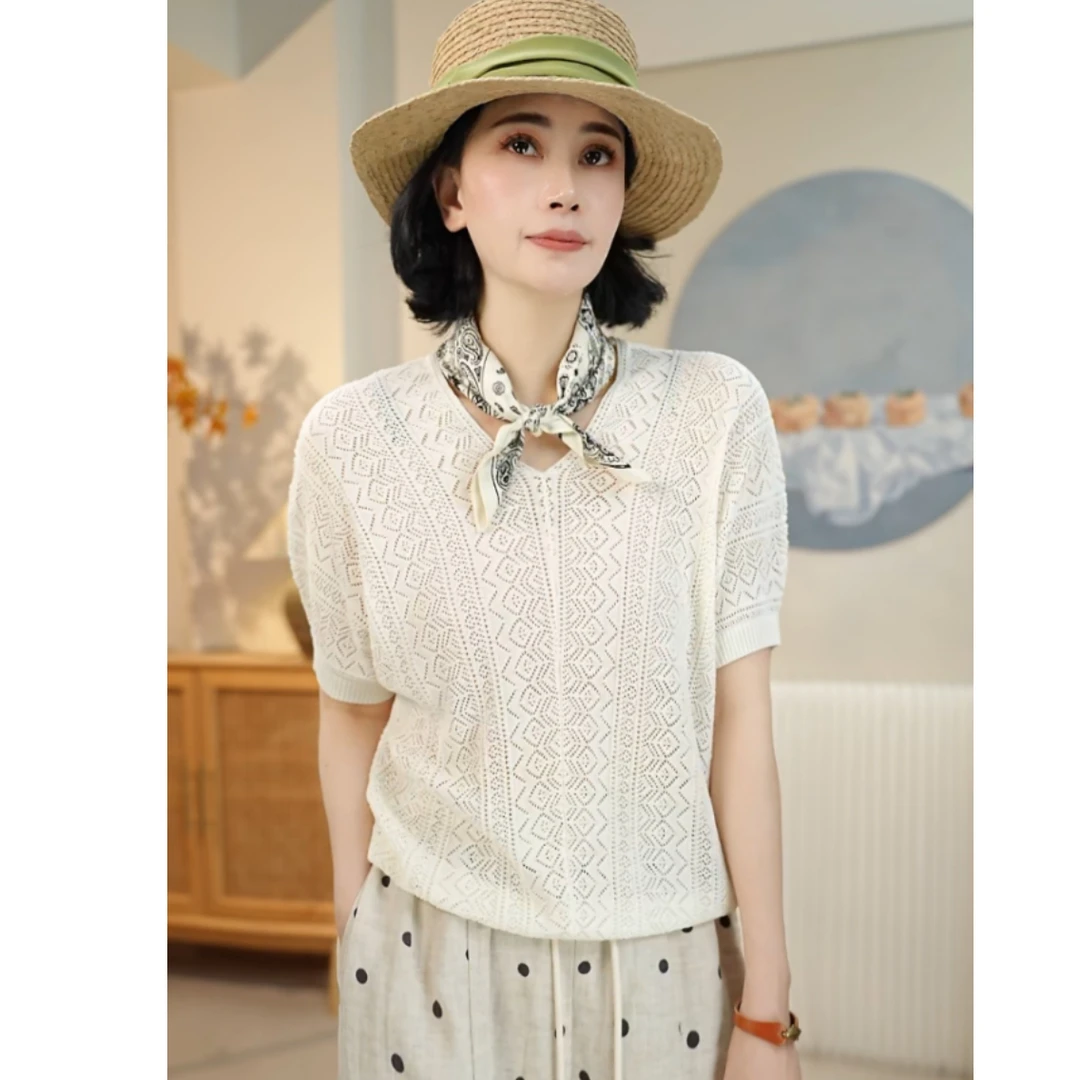 【亚麻钩花针织衫】夏季高品质莱赛尔亚麻钩花上衣25097