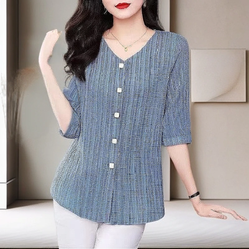 【雅岚女装】时尚洋气显瘦出口法国外贸原单七分袖女士衬衫领竖