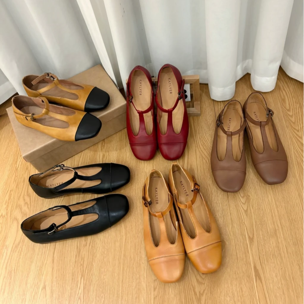 复古百搭方头手工真皮女鞋软底玛丽珍牛皮羊皮丁字口平底单鞋平底