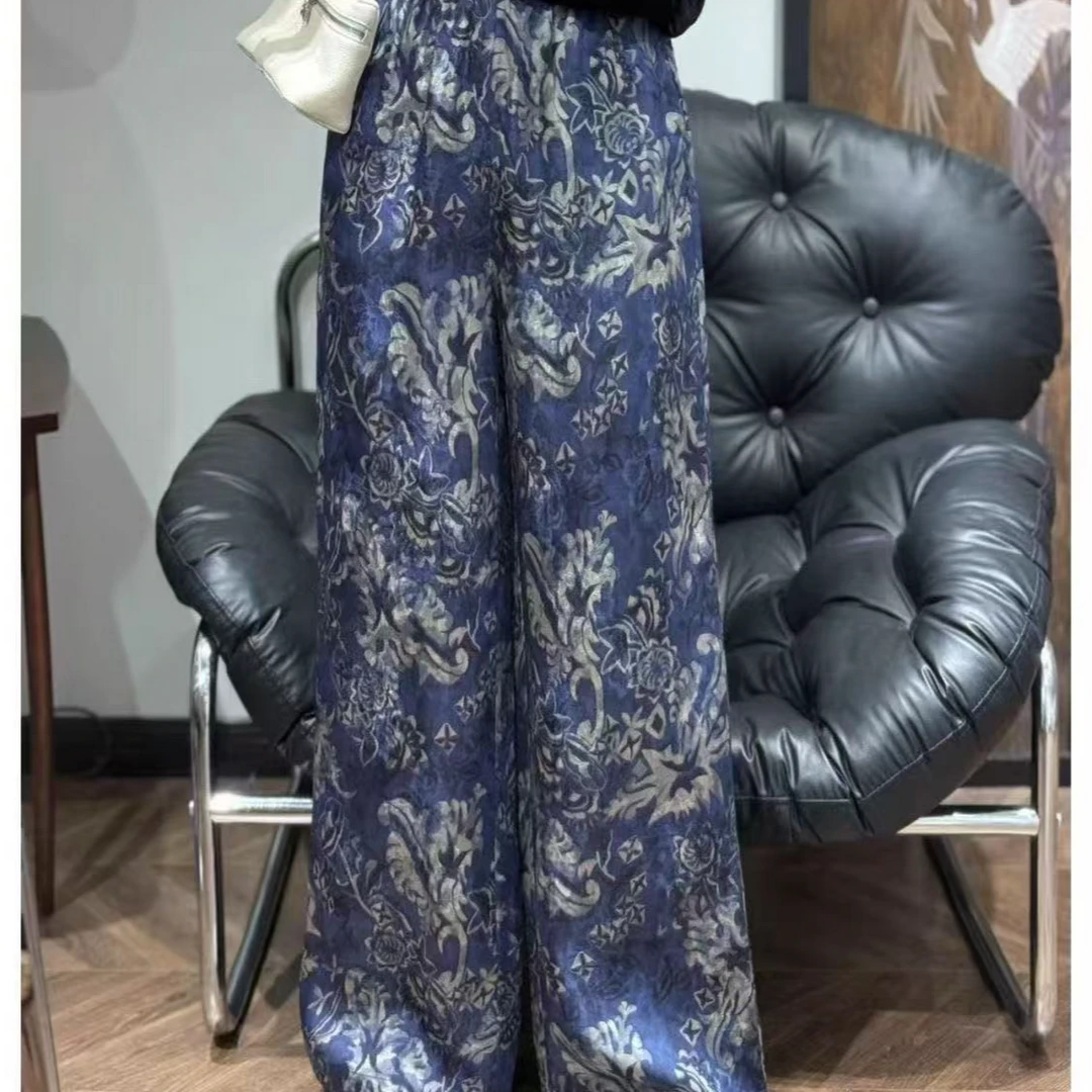 866高端轻奢宽松青花瓷新中式复古风高腰阔腿裤有口袋国风休闲裤