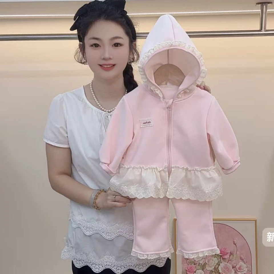 秋季婴儿衣服韩系花边连帽卫衣外套粉色微喇裤洋气套装女宝宝秋装