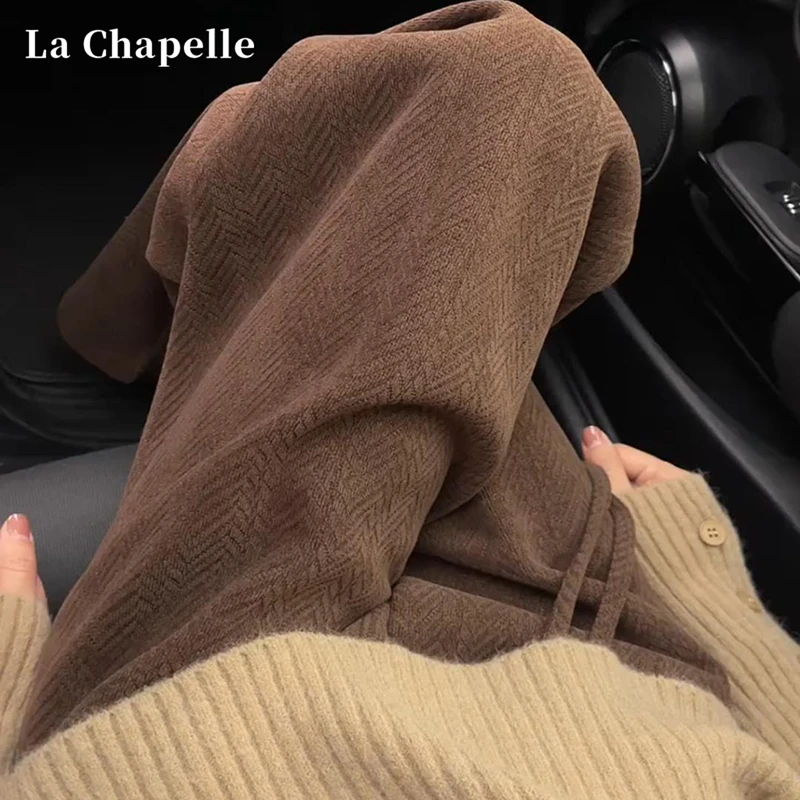 拉夏贝尔咖色雪尼尔阔腿裤女秋冬季新款加绒高腰垂感人字纹直筒裤