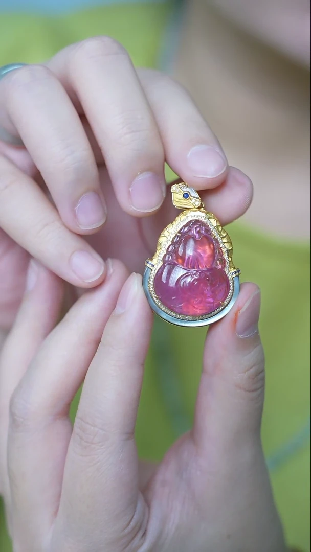 【闪购商品】碧玺吊坠(不含链)18K金镶嵌AA/苏工镶嵌福葫芦碧玺吊坠