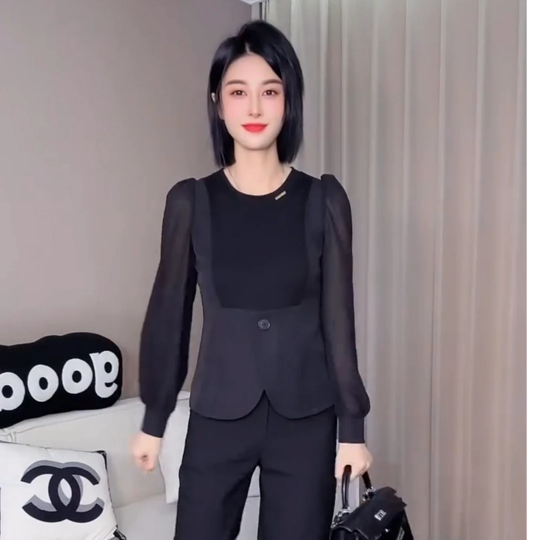 2025春秋新款长袖雪纺袖拼接针织衫时尚拼接圆领女设计感小众百搭