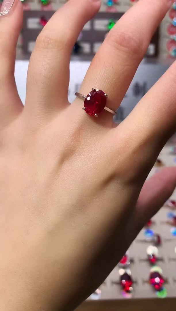 银S925镶嵌戒指红宝石8*10 酒红 银托