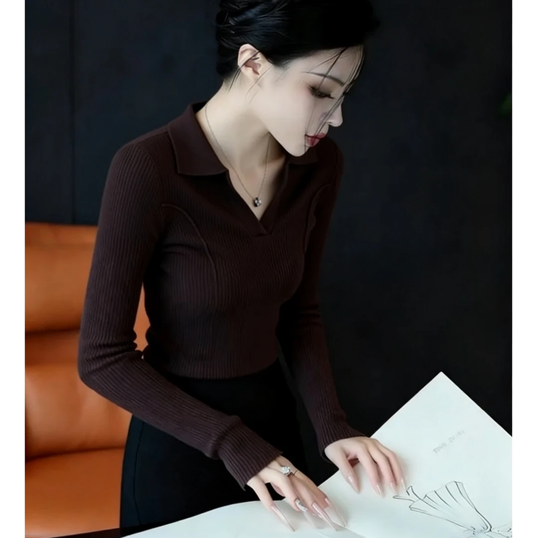 法式复古咖色polo衫针织打底衫女秋冬高级感内搭毛衣气质长袖上衣
