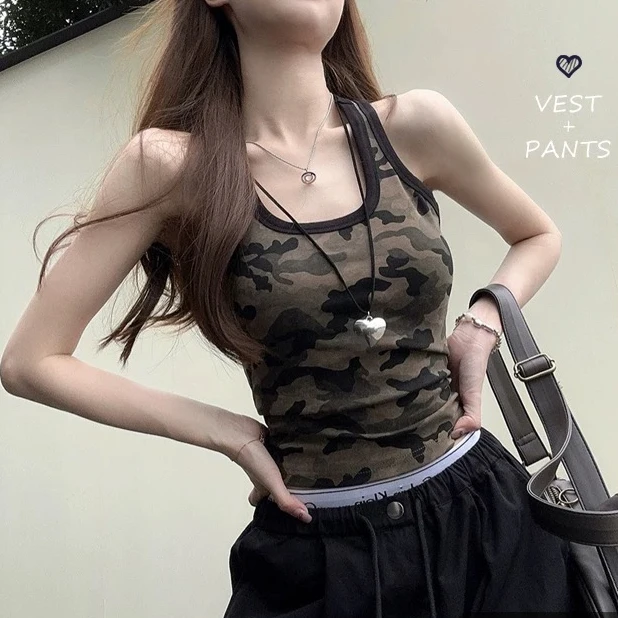 【带胸垫】美式迷彩吊带背心内搭春季新款美式辣妹短款修身外穿上衣