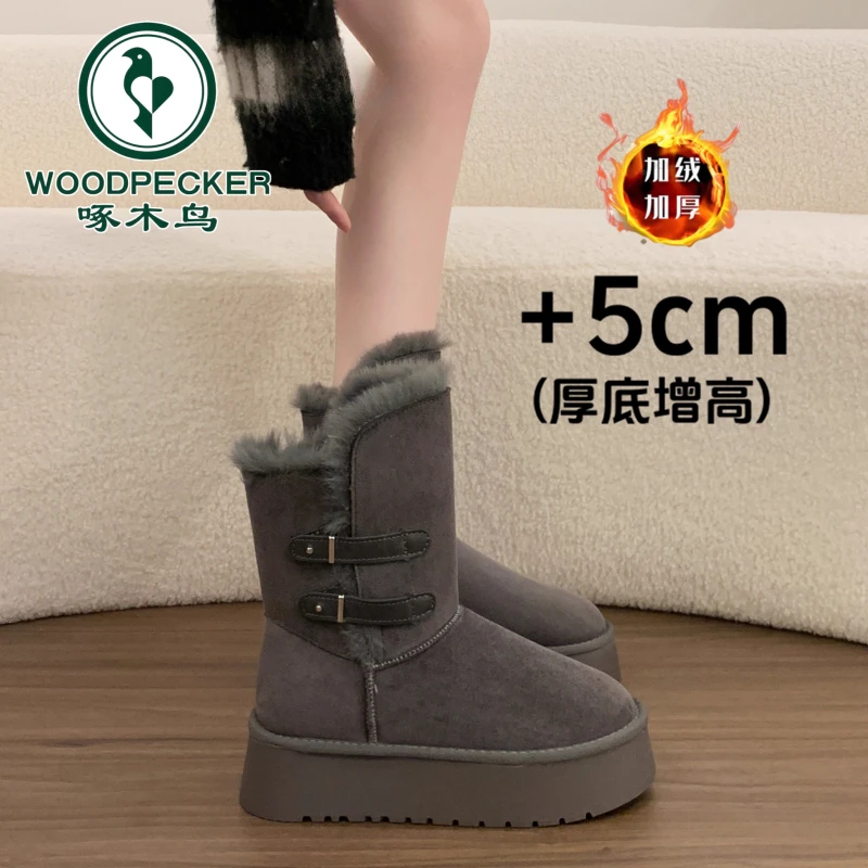 啄木鸟厚底灰色雪地靴女2025年冬季新款中筒毛毛棉靴加厚保暖棉鞋