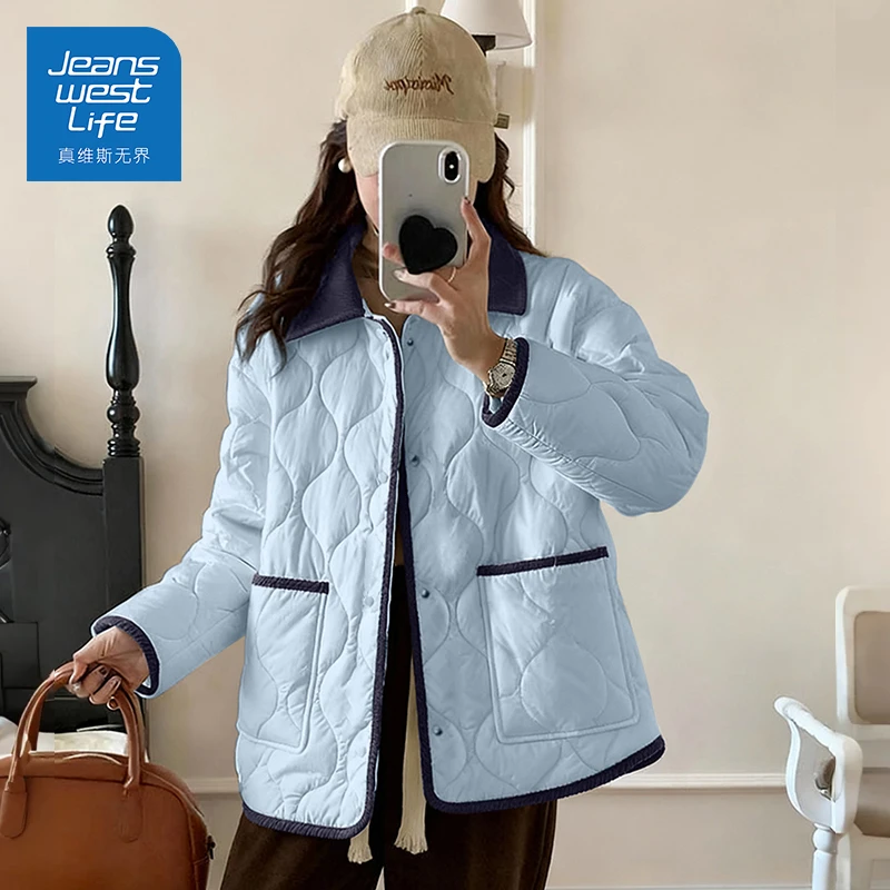 真维斯无界浅蓝冬季绗棉撞色翻领棉服清爽盐系治愈感棉服保暖时尚