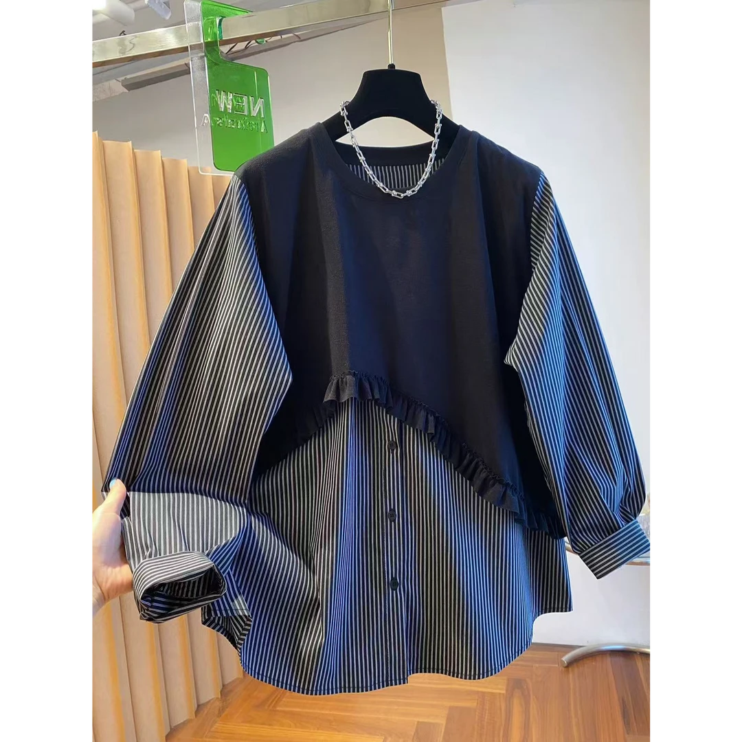 设计感小众条纹衬衫女长袖2025新款早秋季宽松别致独特假两件上衣