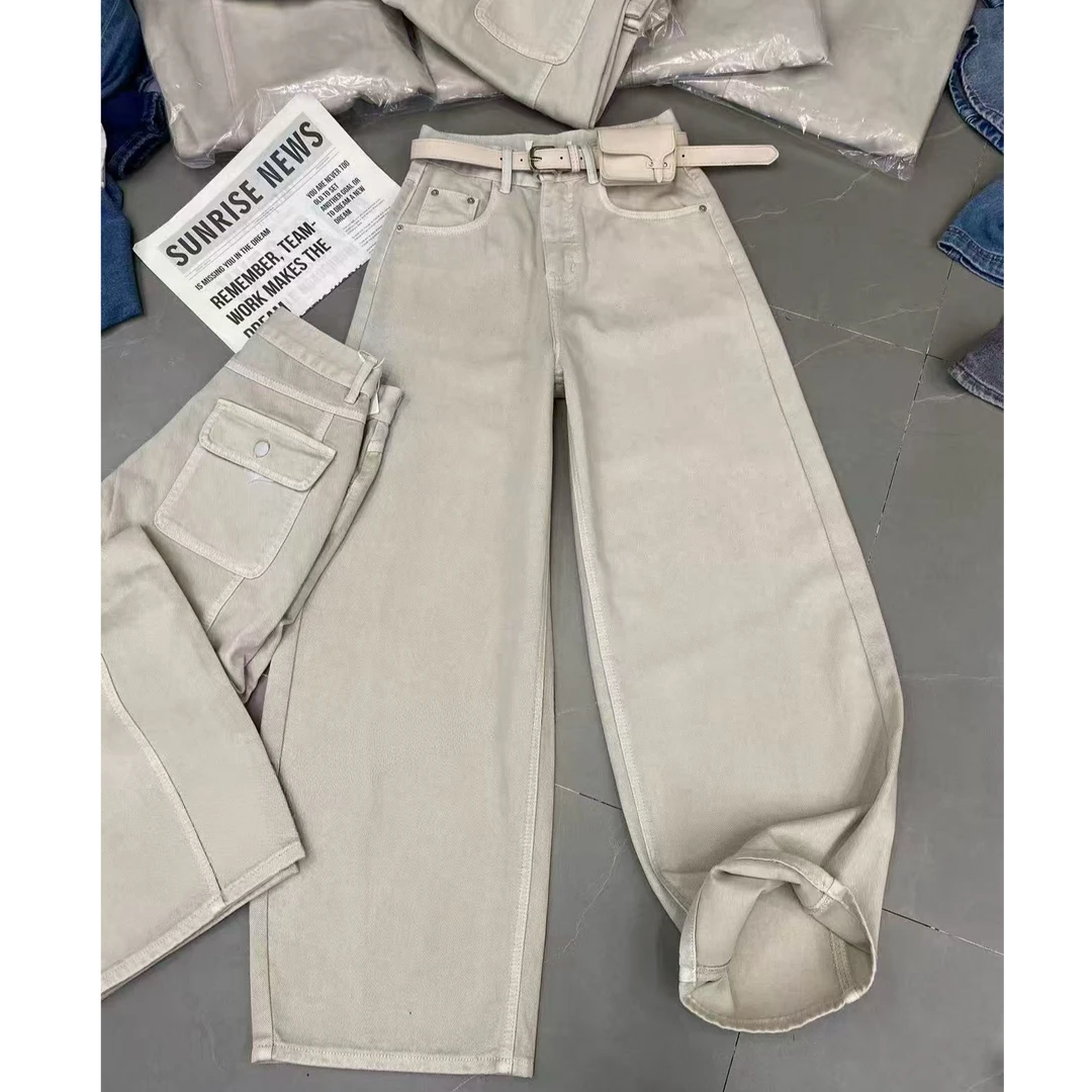 冬款新品厚款高腰女牛仔裤纯色直筒弯刀裤子宽松百搭大气款