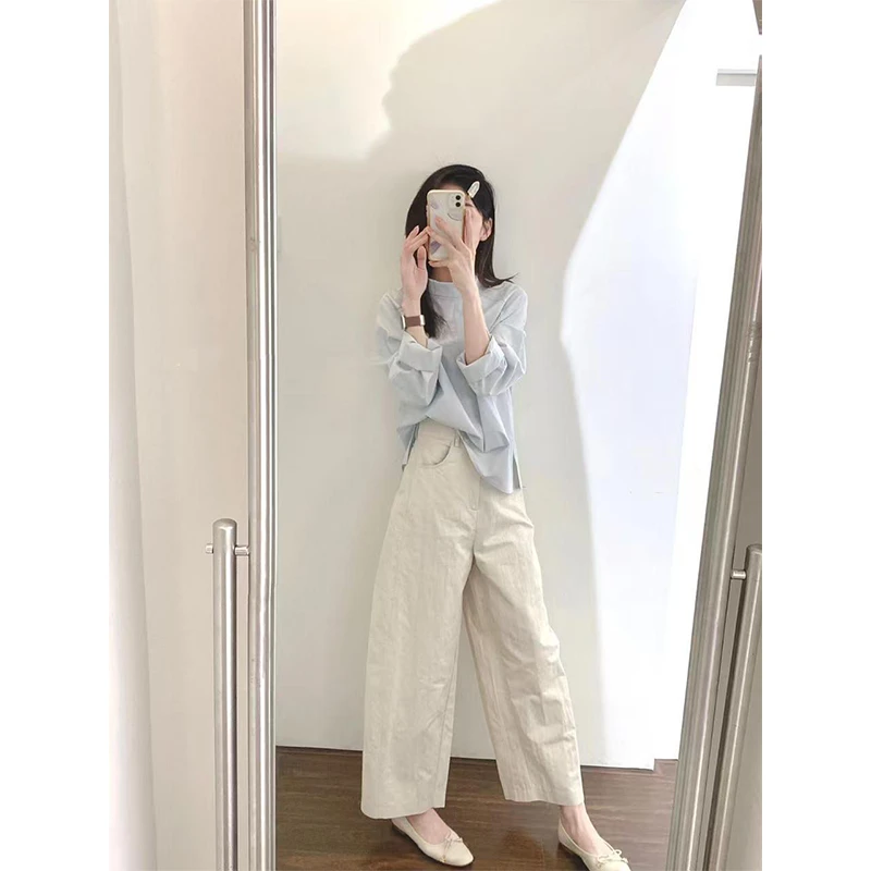 韩系穿搭套装女2025春秋新款休闲百搭蓝色长袖上衣白色阔腿裤子