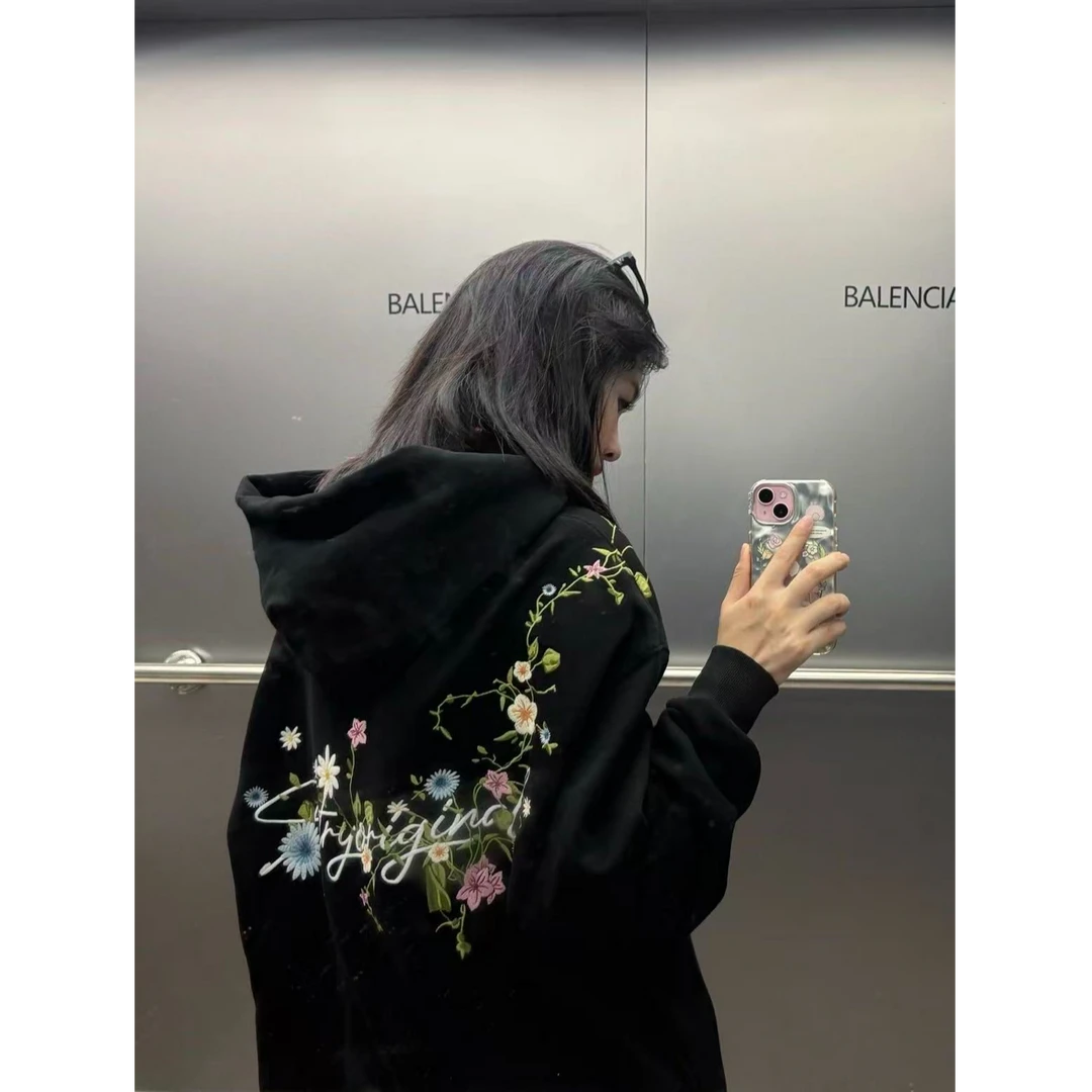 新款花卉刺绣连帽卫衣女2025秋冬新款美式宽松休闲情侣上衣外套
