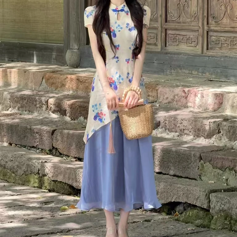 581-8#国风新中式旗袍改良蓝色连衣裙女2025新款拼接印花长裙