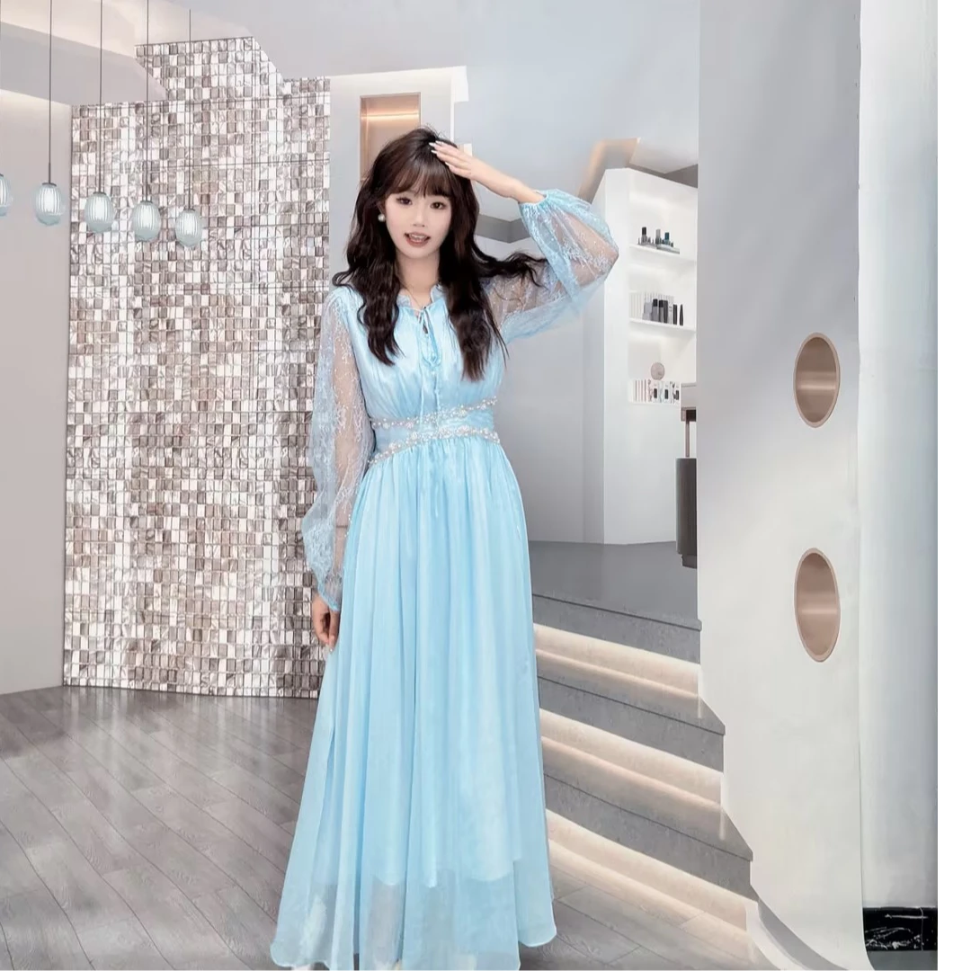 ins蓝色白色高腰连衣裙5251338111