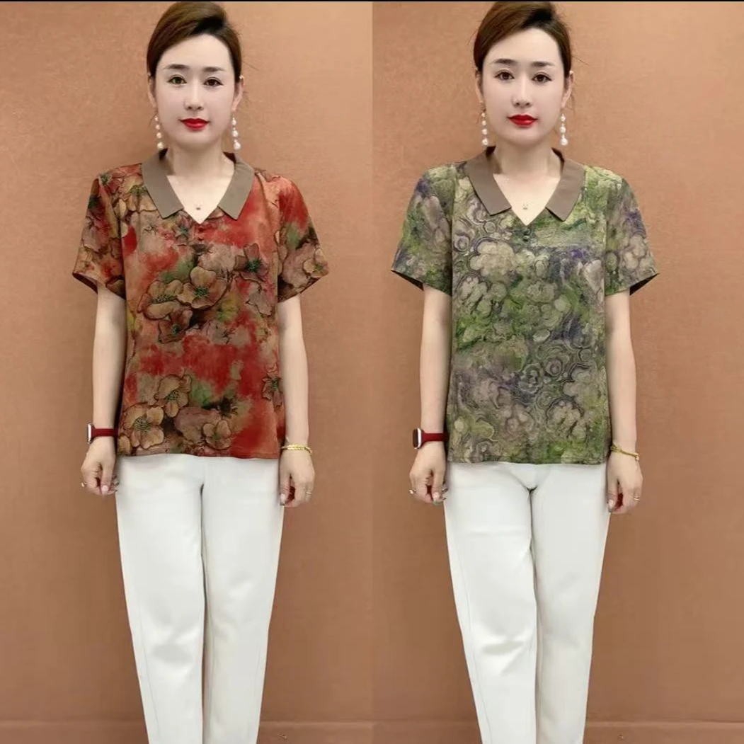 妈妈装国风山水妈妈小衫中老年女装抽绳时尚薄款减龄