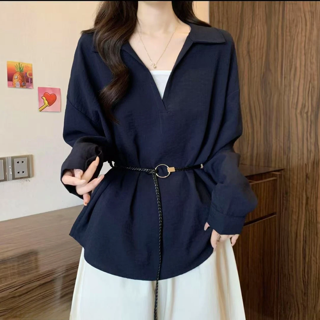 大码设计感假两件系带V领长袖衬衫女春秋胖M宽松显瘦洋气收腰上衣