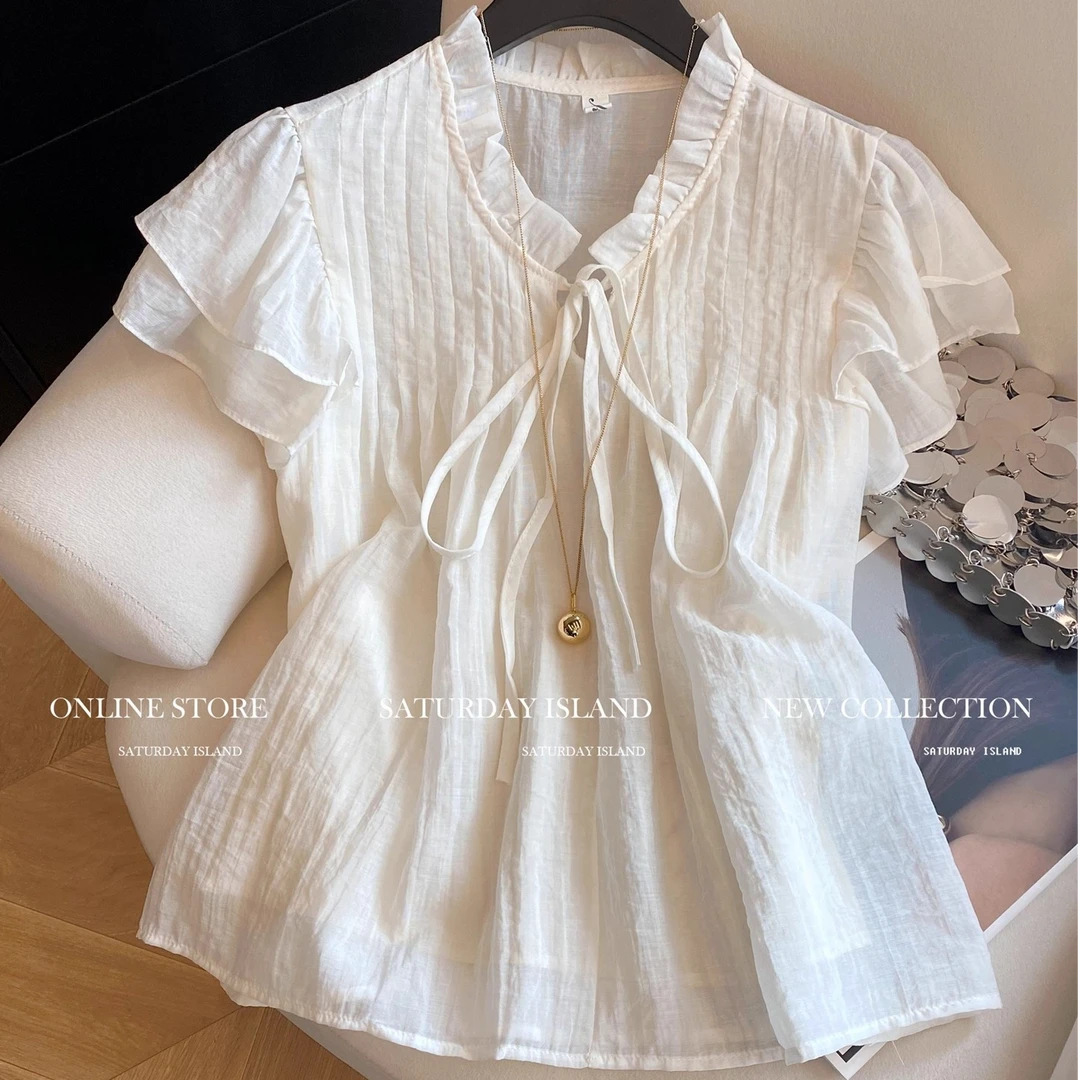 韩系荷叶边压褶系带V领小飞袖衬衫女2025夏季新款甜美温柔上衣潮