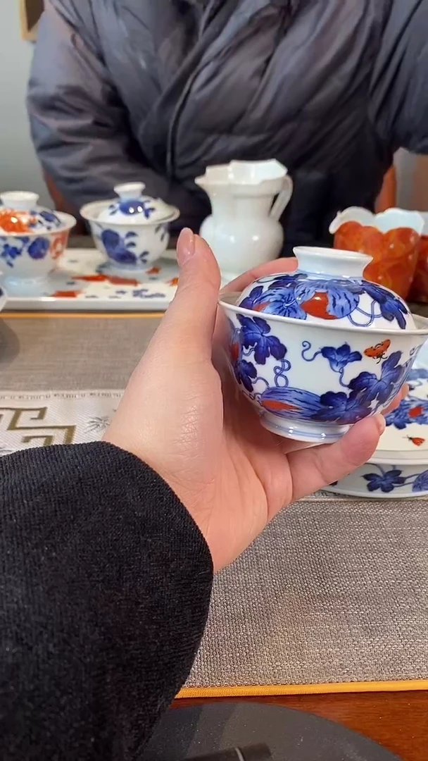 瓷小卿亭  青花矾红西瓜盖碗