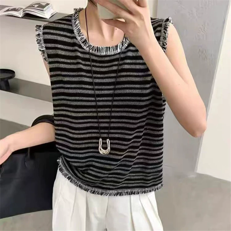 欧洲站女装复古撞色条纹针织背心女25马甲夏季流苏小众设计感上衣